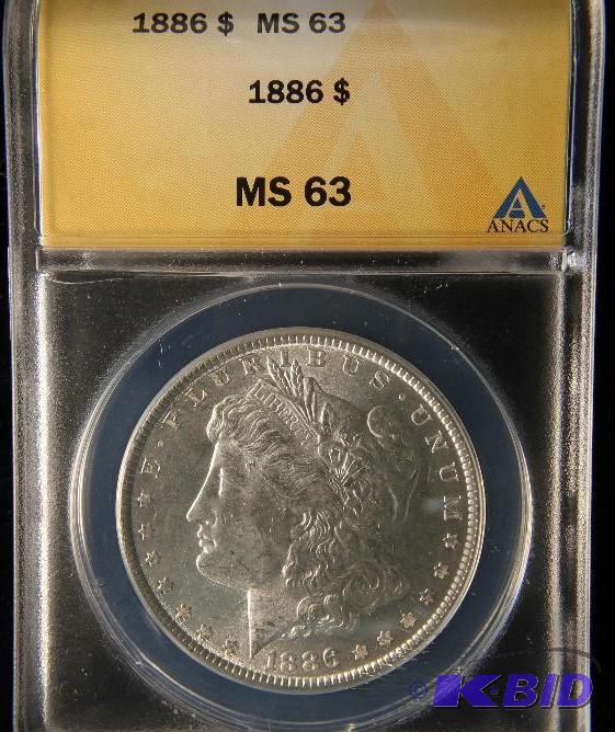 lot 30 image: 1886 MORGAN DOLLAR BU UNC MS 63 ANACS