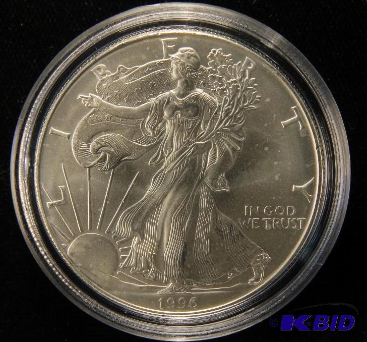 lot 31 image: 1996 US SILVER EAGLE BU UNC IN AIRTIGHT HOLDER KEY DATE