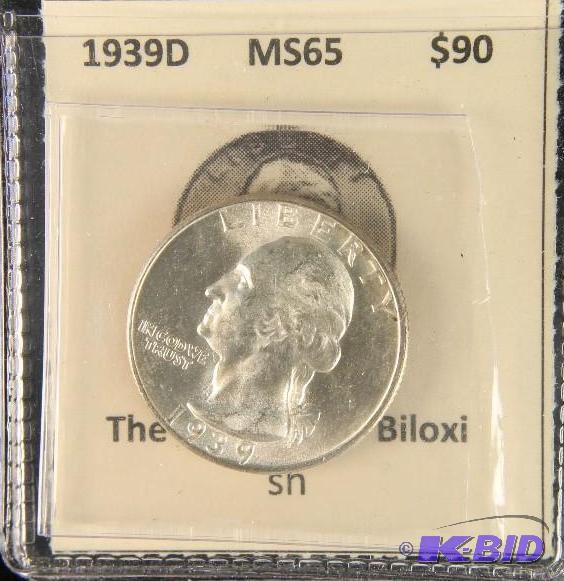 lot 40 image: 1939 D WASHINGTON SILVER QUARTER GEM UNC MS65 COIN
