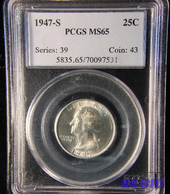 lot 42 image: 1947 S WASHINGTON SILVER QUARTER GEM UNC PCGS MS 65