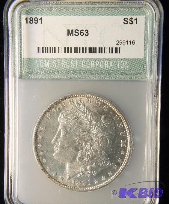 lot 50 image: 1891 MORGAN DOLLAR BU MS63 NTC