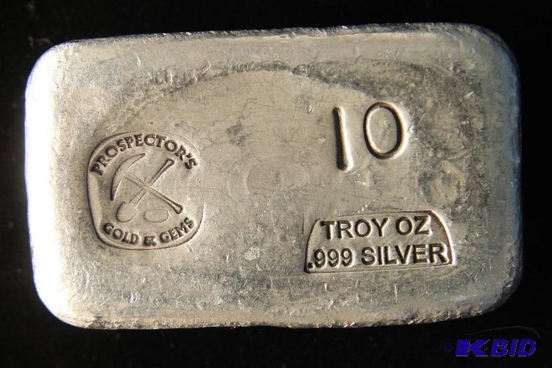 lot 63 image: 10 TROY OZ. .999 POURED SILVER BAR PROSPECTORS GOLD & GEMS