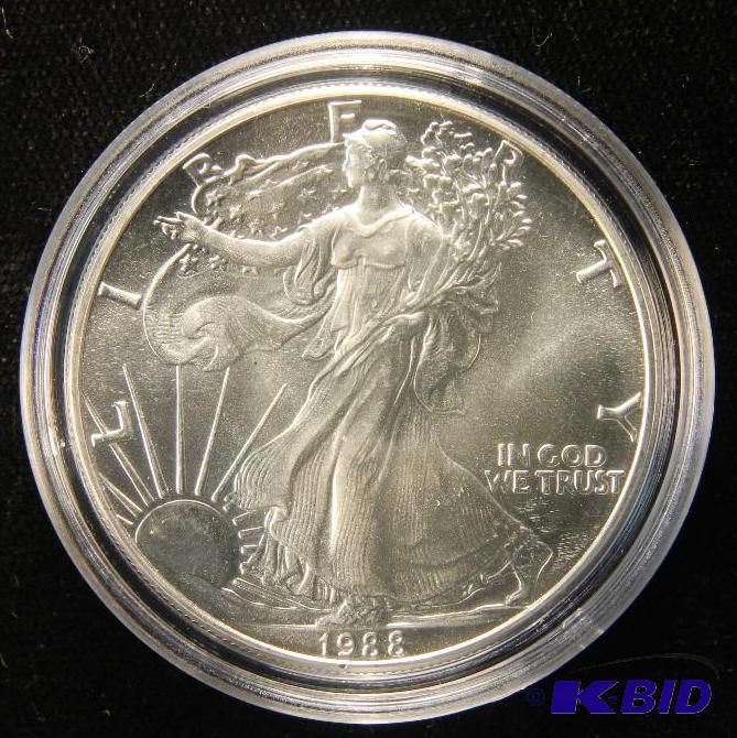 lot 66 image: 1988 AMERICAN EAGLE 1 TROY Oz. .999 FINE SILVER US DOLLAR IN AIRTIGHT HOLDER