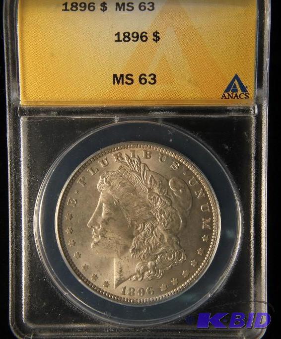 lot 68 image: 1896 MORGAN DOLLAR CHOICE BU UNC ANACS MS 63