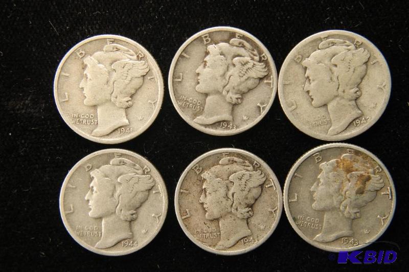 lot 79 image: LOT OF 6 90% SILVER MERCURY DIMES