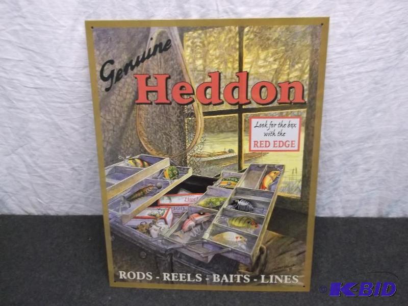 Collectable metal Heddon sign measuring 12 1...
