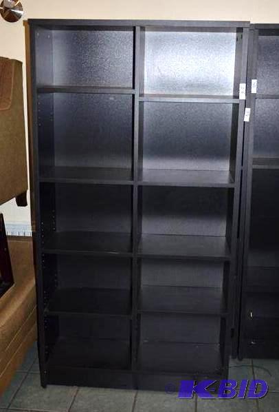 lot 40 image: Black wood book shelf adjustable shelves 13x3...