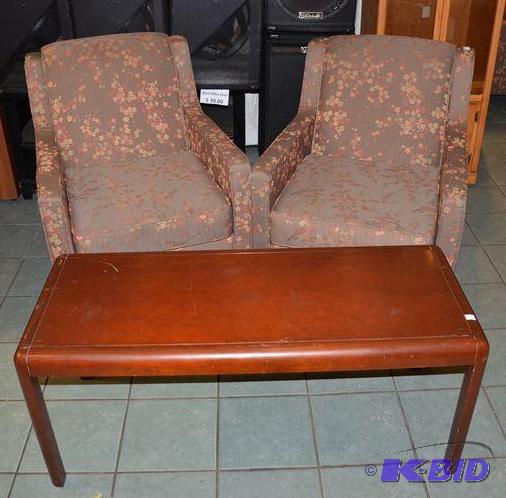 lot 41 image: Two matching chairs with wooden coffee table ...