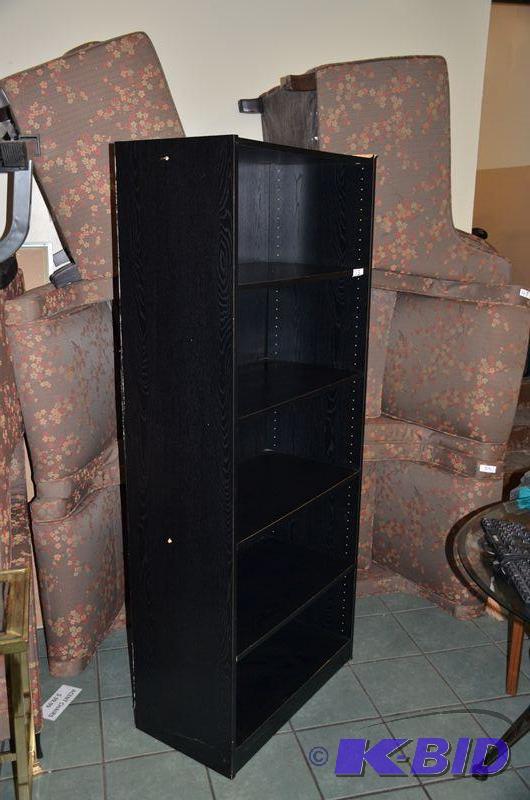 lot 45 image: Black wood book shelf adjustable shelves 16x3...
