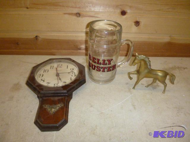 lot 130 image: Wall Clock, Beer Mug and Brass Statue of a Ho...