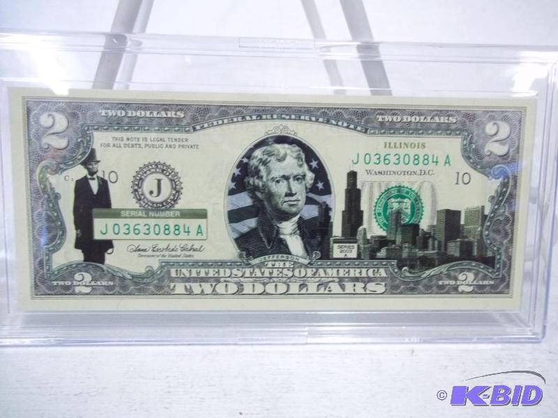 Illinois 2 Dollar Bill in Case...