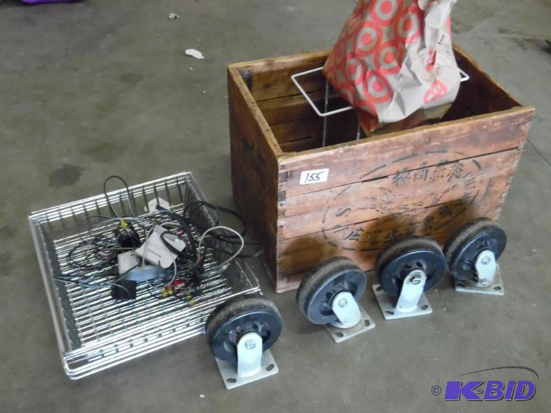 lot 155 image: Tote Of Caster Wheels, Wire Baskets, Etc...