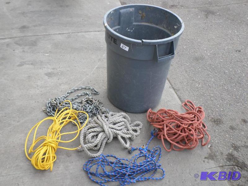 lot 27 image: Rubbermiad Brute Trash Can With Misc Rope, C...