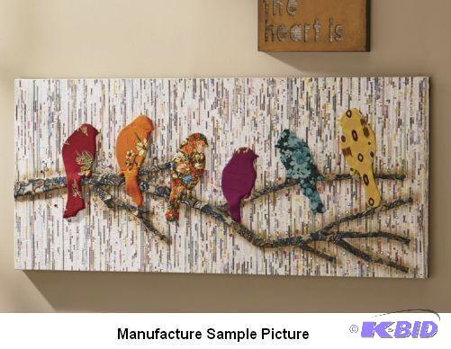 lot 52 image: Camara Batik Birds and Newsprint Wall Decor -...