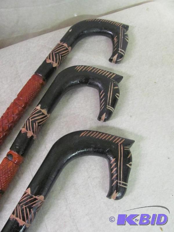 lot 70 image: Lot of 3 Hand Carved Walking Sticks