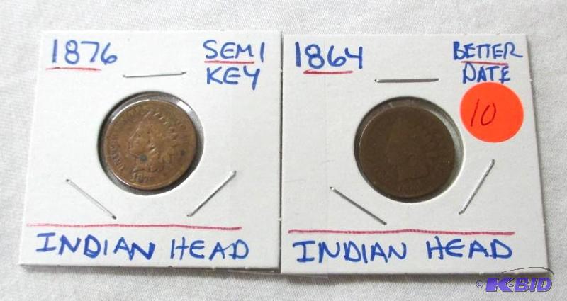 lot 10 image: 1876  Semi Key and 1864 Better Date Indian Head Cents