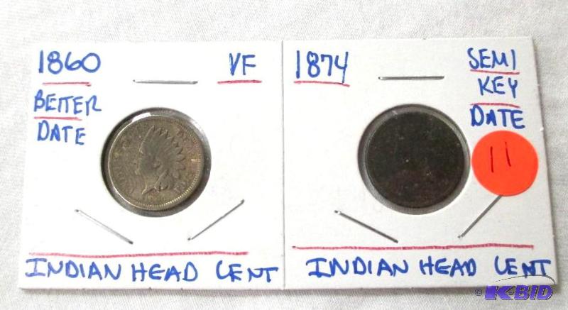 lot 11 image: 1860 Better Date and 1874 Semi Key Indian Head Cents