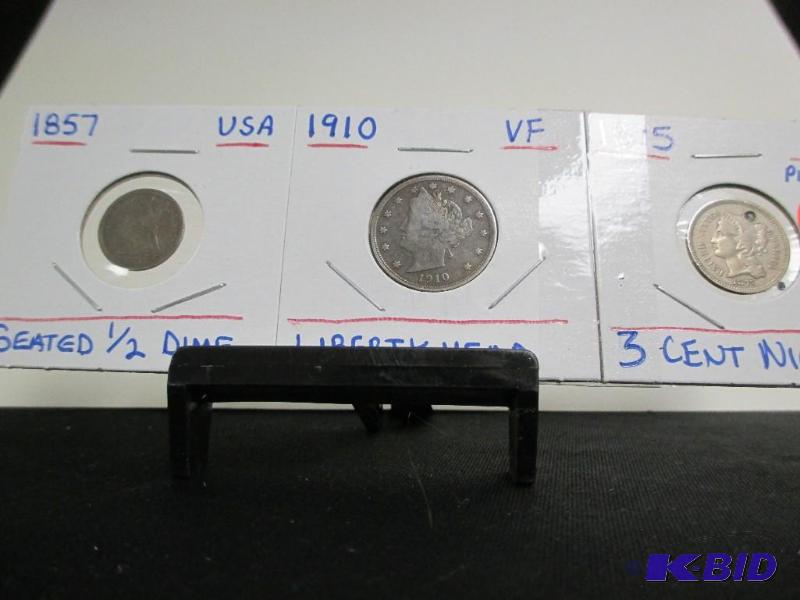 lot 13 image: 1857 Seated Half Dime VG, 1910 Liberty Head VF, 1875 3 Cent Nickel plugged AU