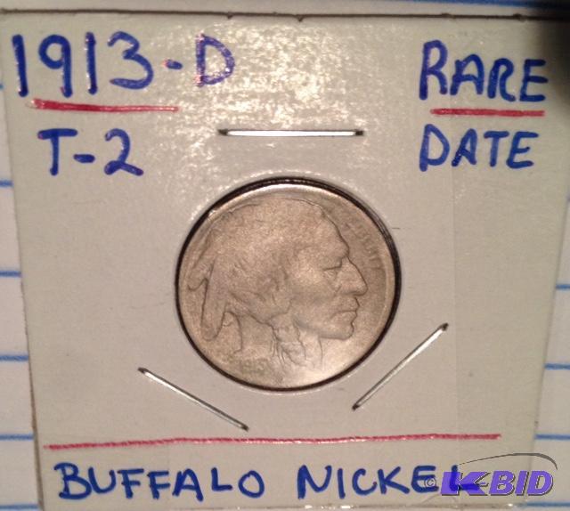 lot 14 image: 1913-D Type-2 Buffalo Nickel Key Date grainy surfaces but VF detail.