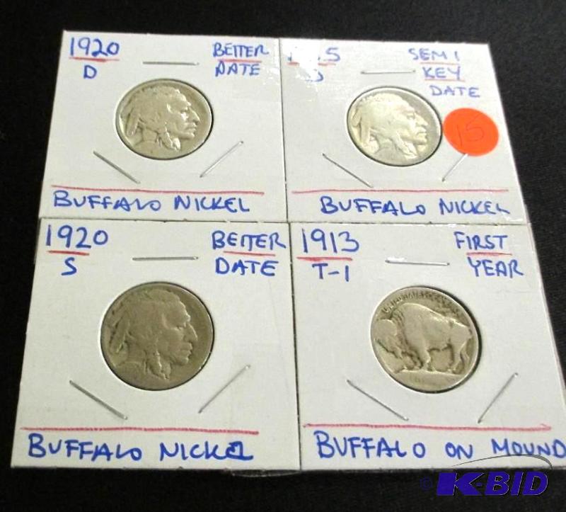 lot 15 image: 1920-D, 1915-D, 1920-S, 1913 Type 1 Better Date to Semi Key Buffalo Nickels.