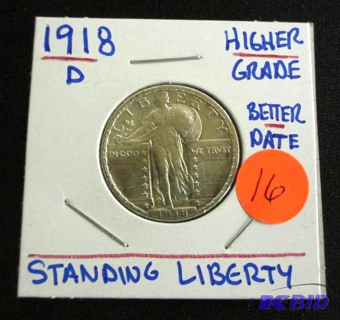 lot 16 image: 1918-D Standing Liberty Quarter Better Date Higher Grade