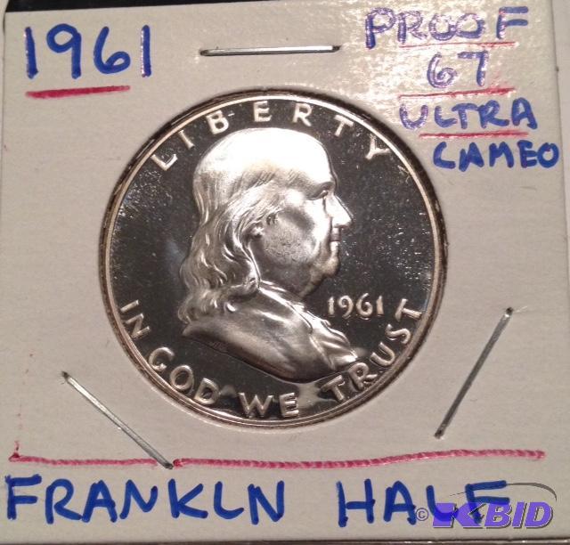 lot 17 image: 1961 Proof  67 Ultra Cameo Franklin Half Dollar  Rarely Seen this Nice a Wow Factor Proof Franklin