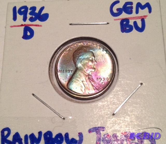lot 18 image: 1936-D 1937-D 1938-D 1939-D Gem BU Monster Rainbow Toned Lincoln Cents You will not be disappointed