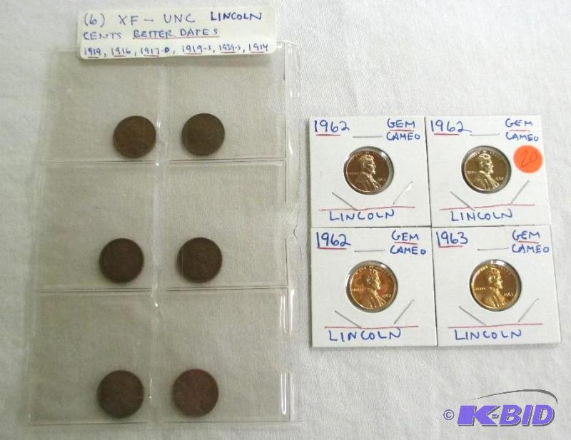lot 20 image: 6 Better Date Lincoln Cents XF-UNC 1919, 1916, 1917-D, 1919-S, 1939-S, 1914 and (4) 1962-1963 Scarce