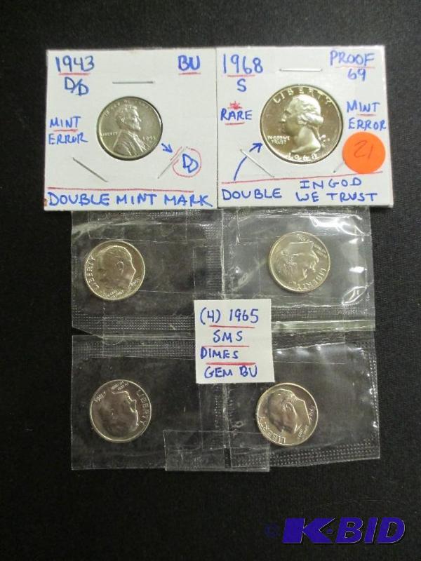 lot 21 image: 1943-DD Double Mint Mark Mint Error Steel Cent BU and 1968-S Proof 69 Washington Quarter Mint Error