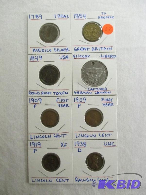 lot 22 image: 8 Vintage U.S. and World Coins  1789-1938