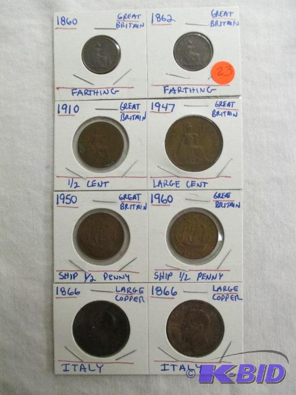 lot 23 image: 8 Vintage Great Britain and Italy  Copper coins from 1860-1960 Nice group.