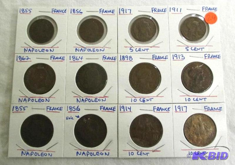 lot 24 image: 12  Vintage France 1855-1917  including  (2_ Napoleon  5 Centimes and (4) Napoleon 10 Centimes