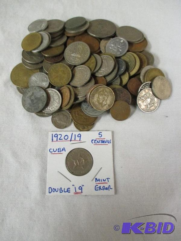 lot 27 image: 100 World Coins good Mix  1920 Cuba 5 Centavos with double 19 Mint error