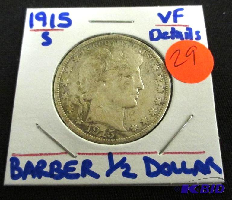 lot 29 image: 1915-S Barber  Half Dollar 100 Years Old VF details.