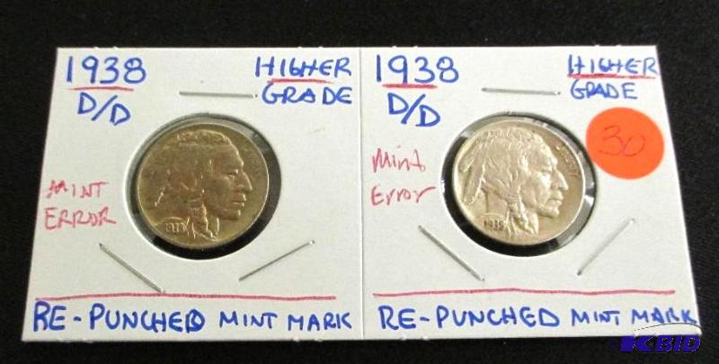 lot 30 image: Pair of Last Year Issue 1938-DD  Buffalo Nickels  Mint Error Re-Punched Mint Mark Higher Grade