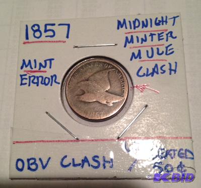 lot 8 image: 1857 Flying Eagle Cent Obverse Clashed with a Seated Liberty Half Dollar Duel Denomination Clash.