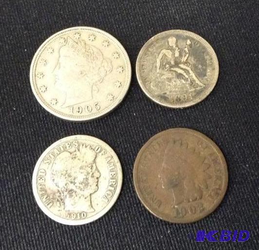 Antique US Coins - Liberty Nickel, Barber Dime, Liberty Dime & Indian Head Penny