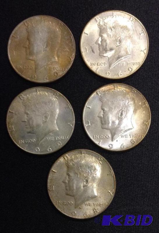 5 Kennedy Half Dollars - 1968 & 1969