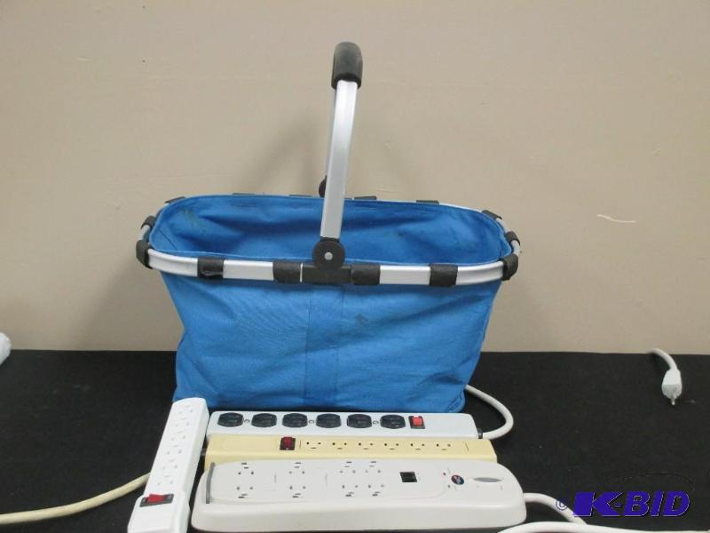 lot 00019 image: Lot of power strips and a sturdy basket