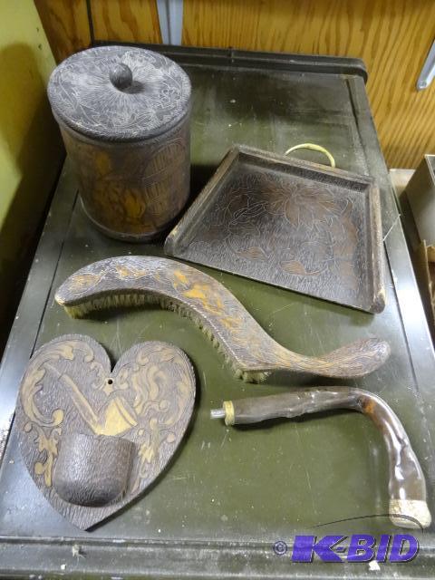 lot 22 image: Lot of Hand Carved Wood Duster, Pan, Canister...