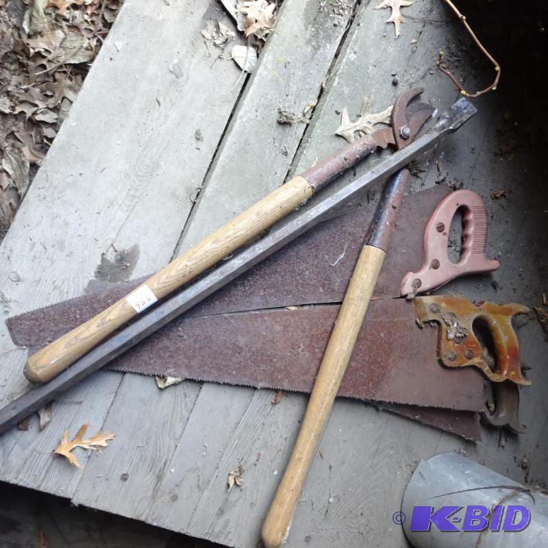 lot 256 image: Tiree Pruner. 3 Hand Saws, Crow Bar...