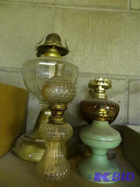 lot 28 image: 4 Oil Lamps 3 Glass 1 Green Metal...