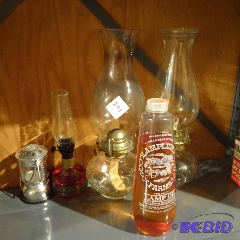 lot 291 image: 3 Oil Lamps,. Lamp Oil...