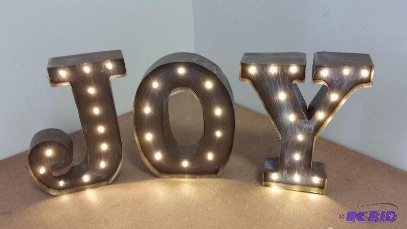 lot 28 image: Rustic 10 Lighted Metal Joy Letters.  New in Box.  Was taken out to test.  Back in Box.