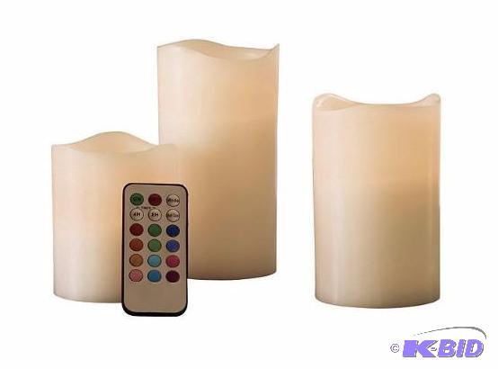 lot 40 image: 3 Pc Color Changing Candle Set with Remote.  Tested new in Box.  Batteries not included