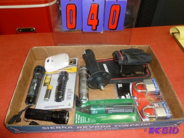 Flat of misc lights and locks. As shown. Term...