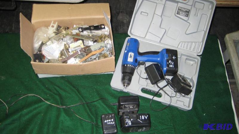Tool Shop Cordless drill and a box of misc ha...