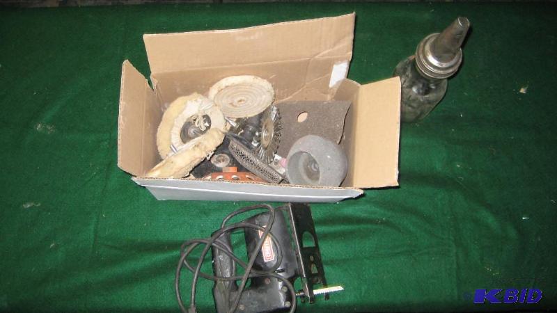 Box of drill attachments, old oil bottle and ...