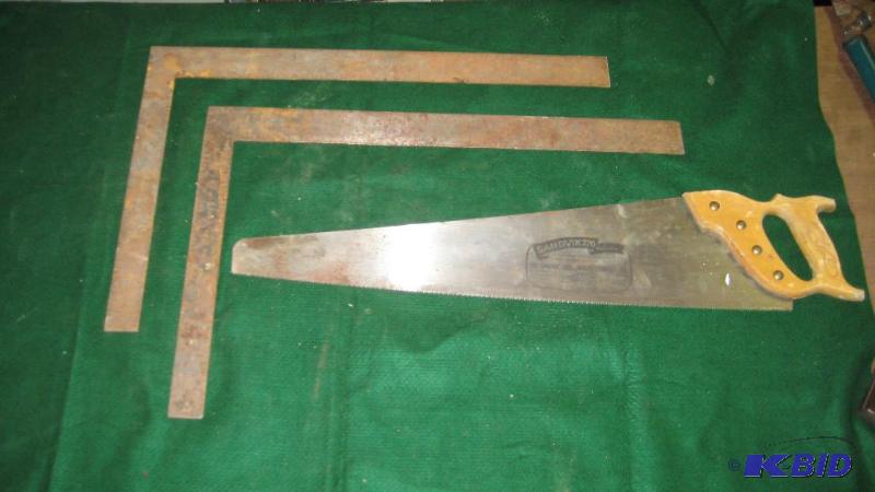 Hand saw and two carpenter squares...