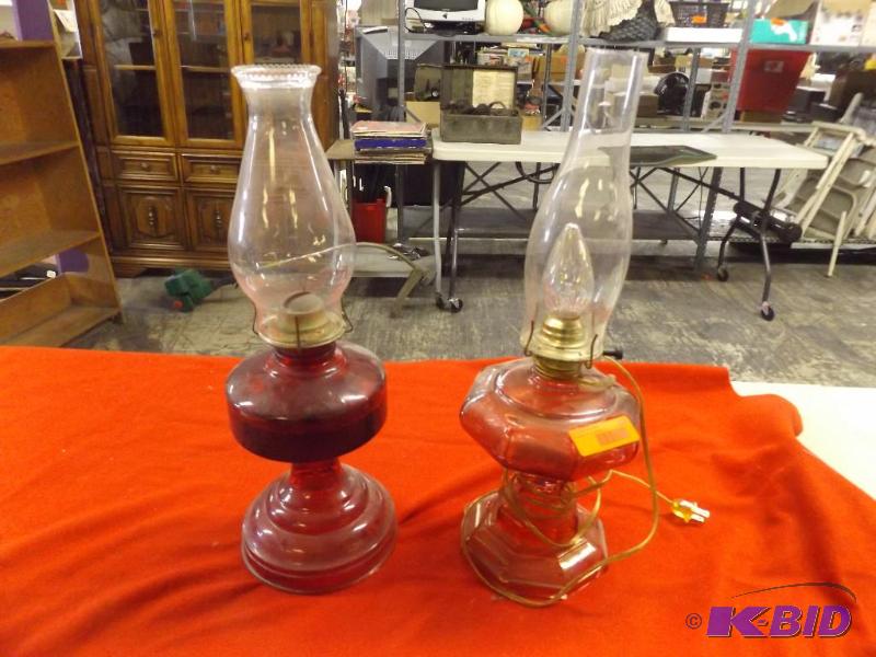 lot 100 image: One red oil lamp, on oil lamp, converted to e...